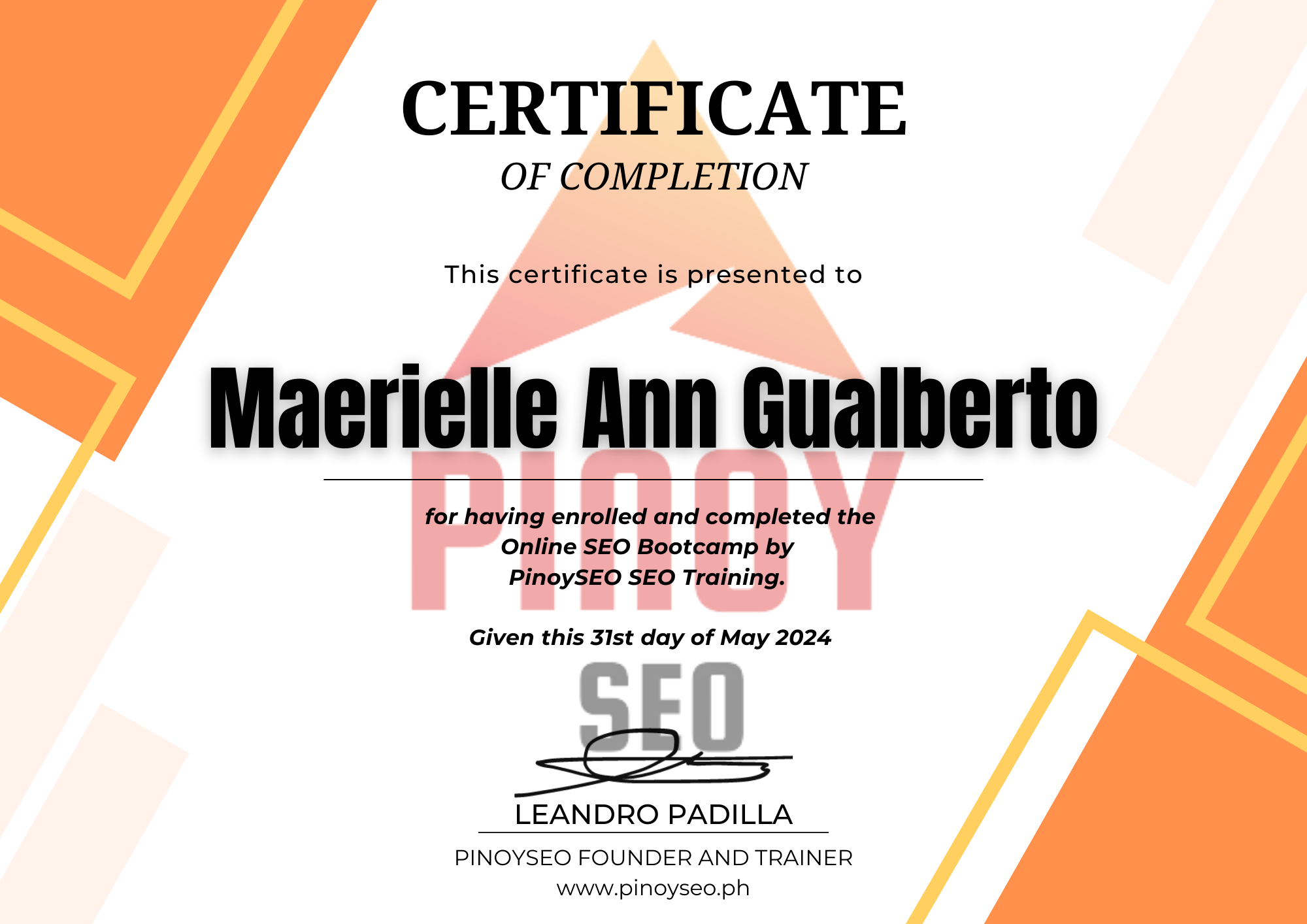 SEO Bootcamp Certificate